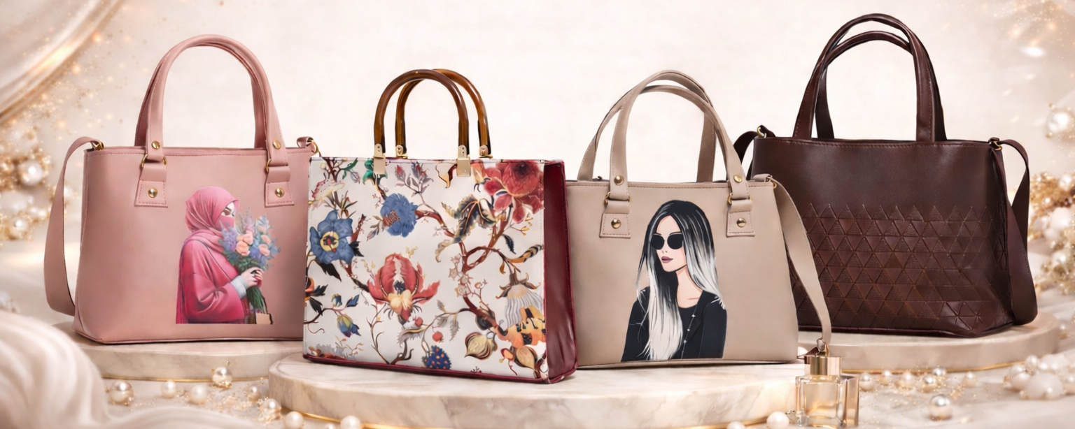 Four handbags on a decorative surface with a soft, blurred background